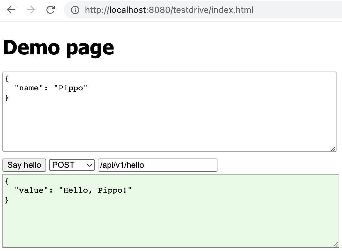 A screenshot of the simplest possible demo UI, showing an input text area with an editable input JSON, and an output text area with the response JSON from the API. The output text area has a green background to signify a successful response